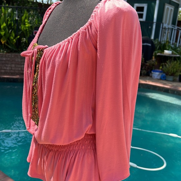 New!! Fall BoHo Sky Embellished Elastic Waist Peasant Top Salmon Pink Size M - Picture 3 of 10